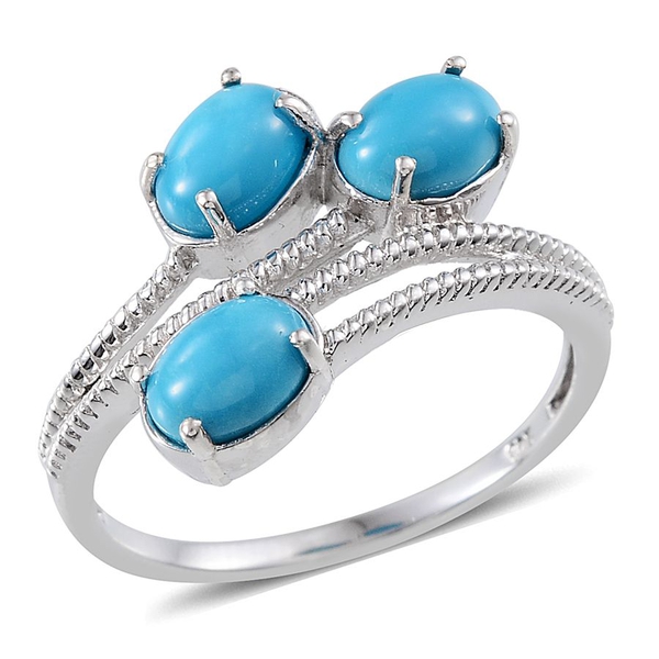 Arizona Sleeping Beauty Turquoise (Ovl) Trilogy Ring in Platinum Overlay Sterling Silver 2.750 Ct.