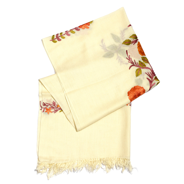 100% Merino Wool Cream, Orange and Multi Colour Floral and Leaves Embroidered Scarf with Tassels (Size 190X70 Cm)