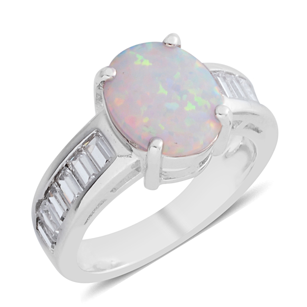 Simulated Opal (Ovl), Simulated Diamond Ring in Silver Bond
