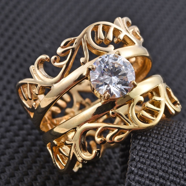 Lustro Stella - 14K Gold Overlay Sterling Silver (Rnd) Ring Made with Finest CZ
