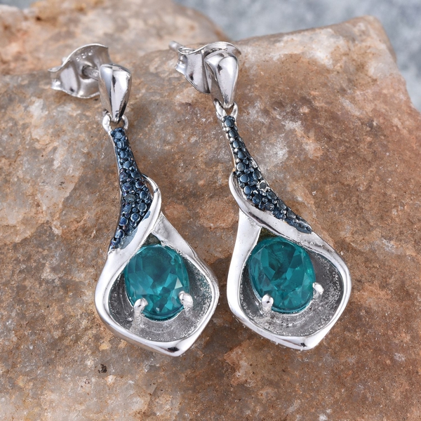 Capri Blue Quartz (Ovl), Blue Diamond Earrings (with Push Back) in Platinum Overlay Sterling Silver 2.760 Ct.