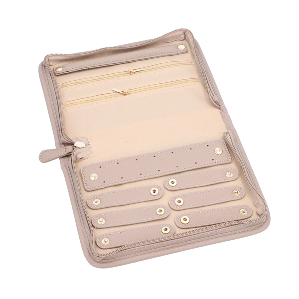 Portable Lichee Pattern Jewellery Organiser (Includes 1 Ring Band, 2 Zip Pockets, 1 Removable Earring Panel & 6 Necklace Clips) (Size 21x15x4cm) - Taupe