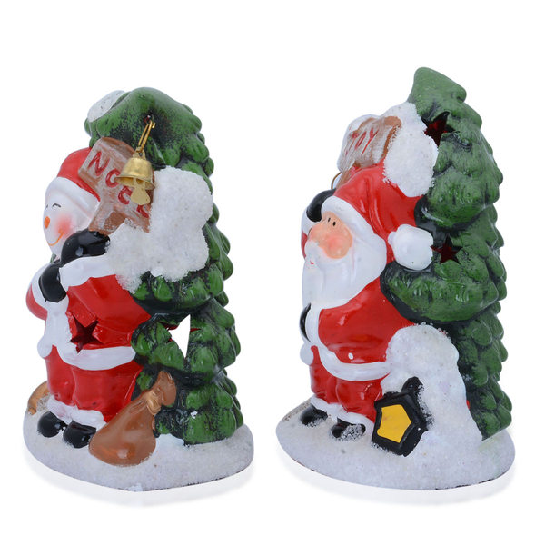 Set of 2 - Multi Colour Ceramic Santa Claus with Joy and Snowman with Noel Candle Holder