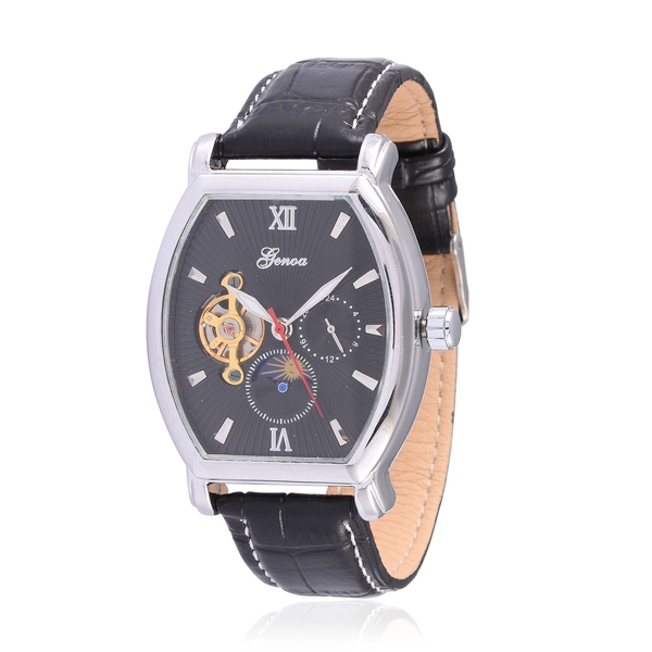 GENOA Automatic Skeleton Black Dial Water Resistant Watch in ION Plated Silver with Stainless Steel 