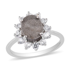 (Size L) 9K White Gold  Meteorite and Natural Cambodian Zircon Halo Ring (Size L) 5.32 Ct.