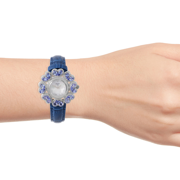 EON 1962 Swiss Movement Tanzanite and Diamond Water Resistant Watch with White Mother of Pearl Dial and Blue Leather Strap in Rhodium Overlay Sterling Silver 5.64 Ct, Silver wt 32.48 Gms