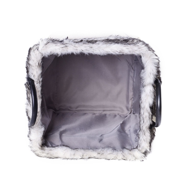 Set of 2 - 70% Cotton Light Grey Colour Multi Purpose Faux Fur Basket with Faux Leather Handles (Size Small 26X26X26 Cm and Large 31X31X31 Cm)