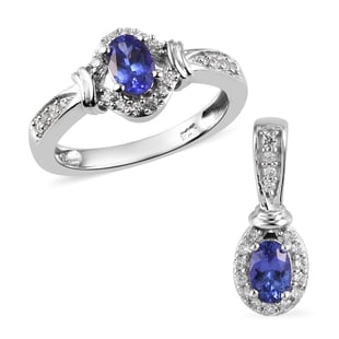 2 Piece Set - Tanzanite and Natural Cambodian Zircon Ring and Pendant in Platinum Overlay Sterling S