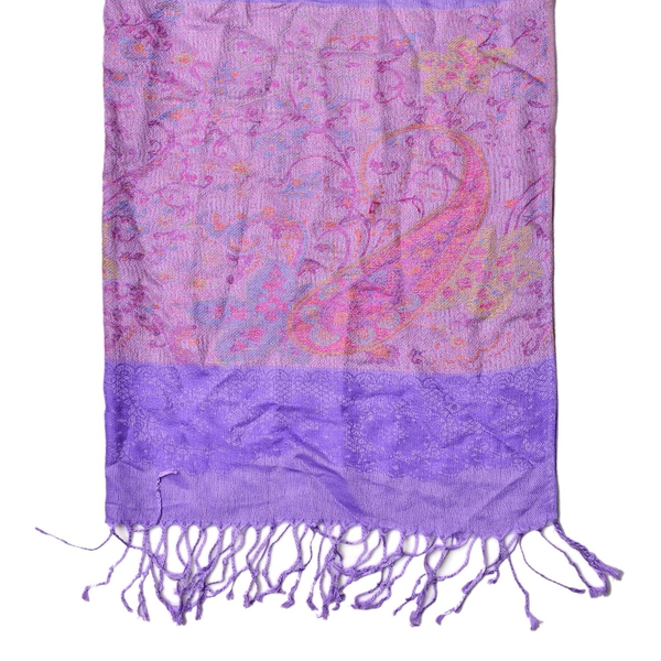 Multi Colour Paisley Pattern Purple Colour Scarf with Fringes at the Bottom (Size 180x68 Cm)