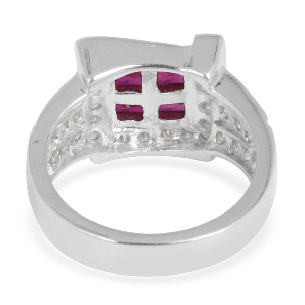 ELANZA AAA Simulated Ruby (Sqr), Simulated Diamond Ring in Rhodium Plated Sterling Silver