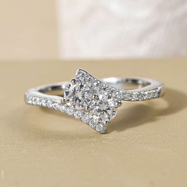 Moissanite Bypass Ring in Platinum Overlay Sterling Silver