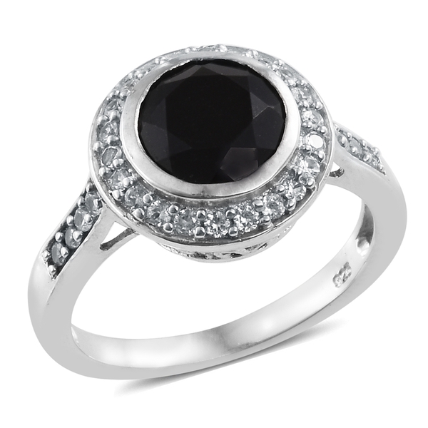 Black Tourmaline (Rnd 2.75 Ct), Natural Cambodian Zircon Ring in Platinum Overlay Sterling Silver 3.