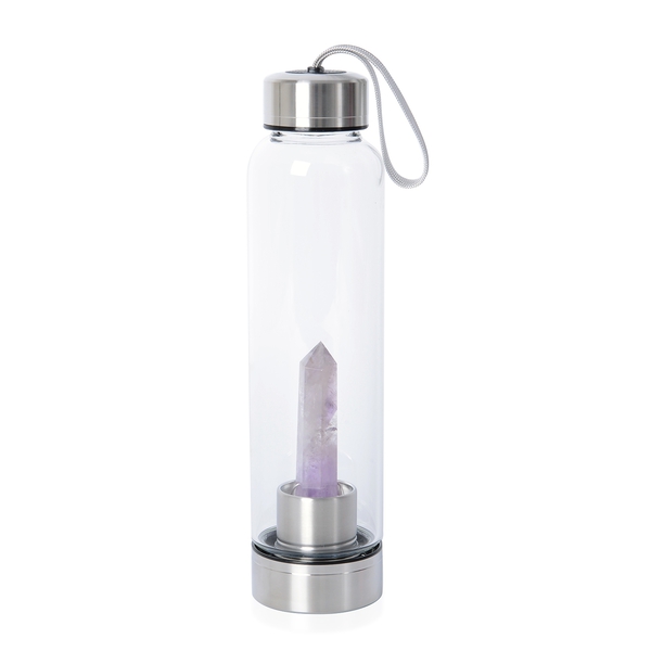 Amethyst Crystal Elixir Glass Water Bottle with Stainless Steel Cap (Size 25.5x6.5 Cm) with Travel C