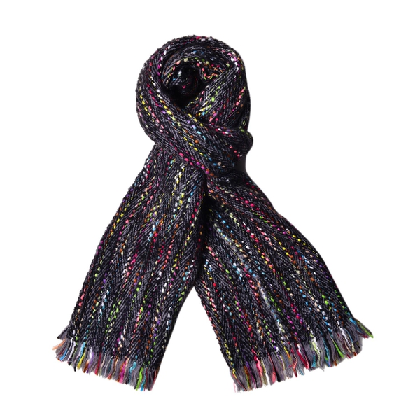 Designer Inspired-Black and Multi Colour Stripes Pattern Scarf with Fringes (Size 200X65 Cm)