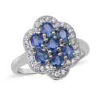 Ceylon Sapphire and Natural Cambodian Zircon Floral Ring (Size R) in Rhodium Overlay Sterling Silver 2.20 Ct.