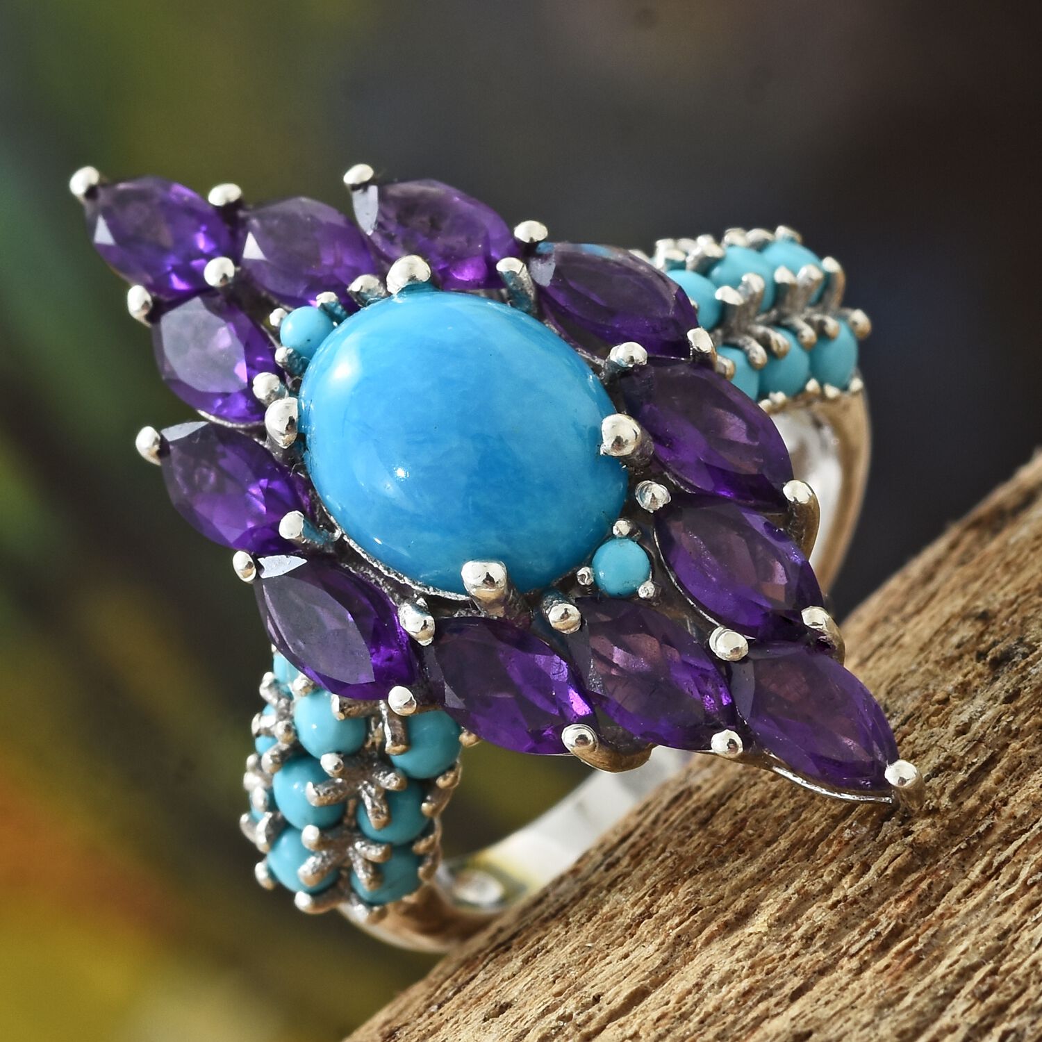 Arizona Sleeping Beauty Turquoise (Ovl 2.35 Ct), Amethyst Ring in Platinum Overlay Sterling Silver 5.750 Ct. Silver wt 5.09 Gms.