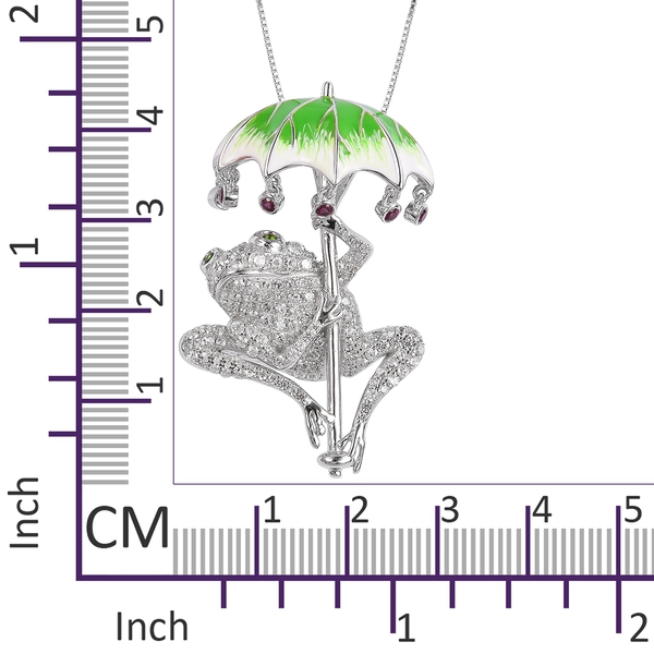 Designer Inspired - Chrome Diopside, Rhodolite Garnet and Cambodian Zircon Frog Under Enameled Leaf Umbrella Pendant with Chain (Size 18) in Rhodium and Platinum Overlay Sterling Silver 3.050 Ct.