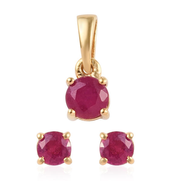 Set of 2 African Ruby Solitaire Stud Earrings and Pendant in Gold Plated Sterling Silver 1.25 Ct