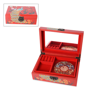 2 - Layer Peacock Pattern Jewellery Box with Inside Mirror and Removable Tray (Size 21x14x7.5 Cm) - 
