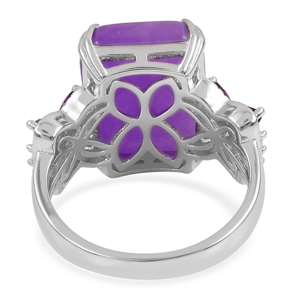 Purple Jade (Oct 13.25 Ct), Amethyst and Natural White Cambodian Zircon Ring in Rhodium Plated Sterling Silver 13.955 Ct.