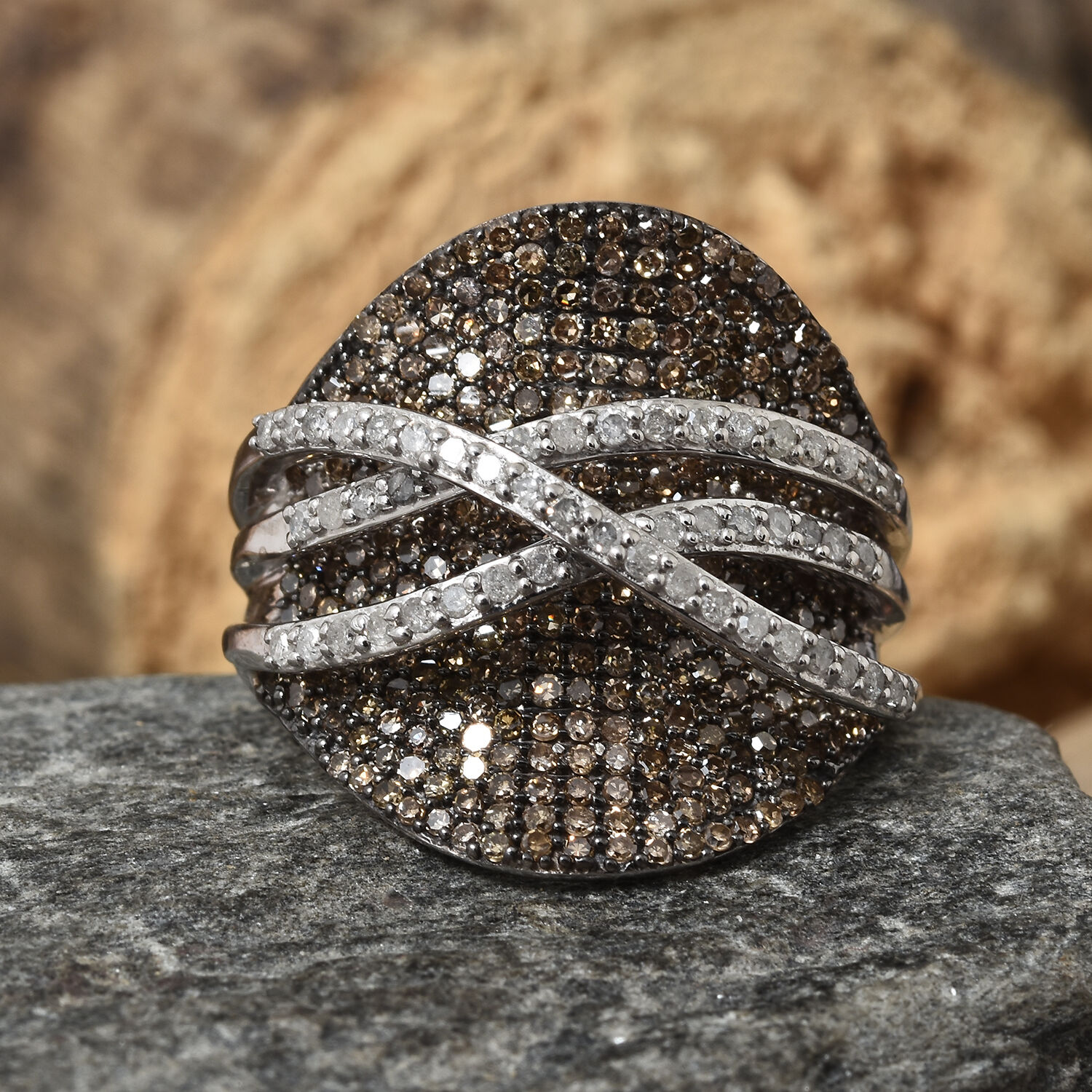 GP  Champagne Diamond (Rnd) Diamond and Kanchanaburi Blue Sapphire Ring in Platinum Overlay Sterling Silver 2.030 Ct,Silver wt 8.14 Gms.