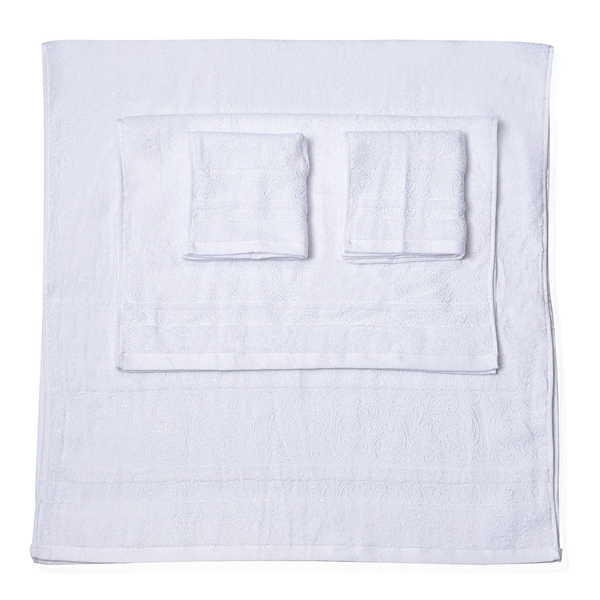 Set of 4 - White Colour Bamboo Cotton Towels - 1 Bath Towel (Size 130x65 Cm), 2 Face Cloths (Size 65