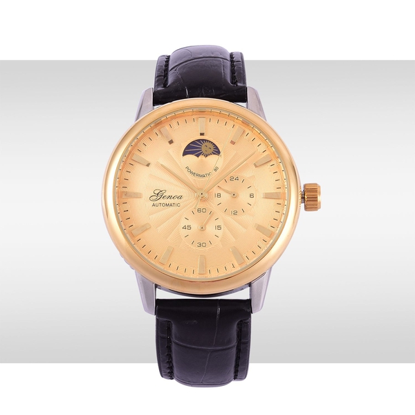GENOA Chronograph Look Golden Dial Water Resistant Watch in Gold Tone with Stainless Steel Back and Black Strap