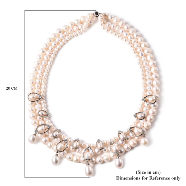 LucyQ Pearl Drop Collection - White Freshwater Pearl and Natural Cambodian Zircon Necklace (Size 19) in Rhodium Overlay Sterling Silver