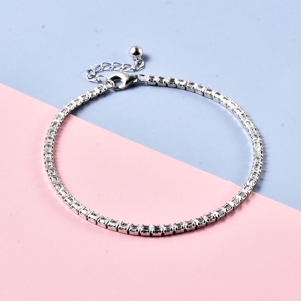 ELANZA Simulated Diamond (Bgt) Tennis Bracelet with Lobster Clasp (Size 7 with 1 Inch Extender) in Rhodium Overlay Sterling Silver.