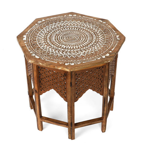 Hand Carved Octagon Shape Mango Wood Table (Size 66x66x56 Cm)