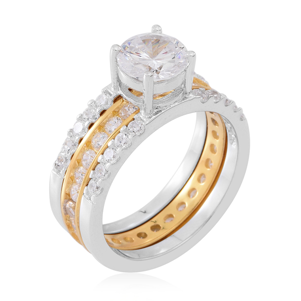 ELANZA AAA Simulated White Diamond (Rnd) 2 Ring Set in Rhodium and Yellow Gold Overlay Sterling Silver.Silver wt 8.02 Gms