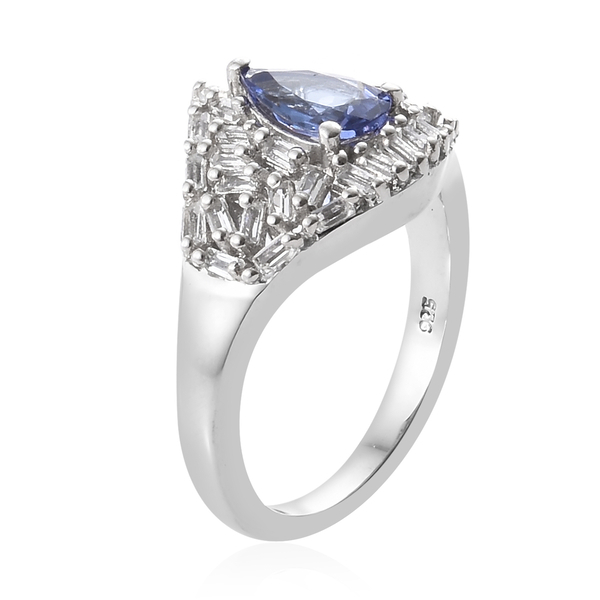 Tanzanite (Pear), White Topaz Ring in Platinum Overlay Sterling Silver 1.500 Ct.