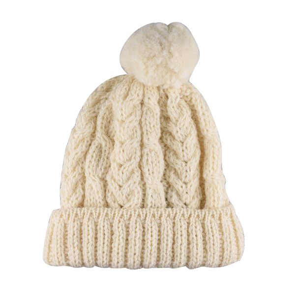 ARAN Woollen 100% Pure Wool Cable Hat with Pom Pom - Cream