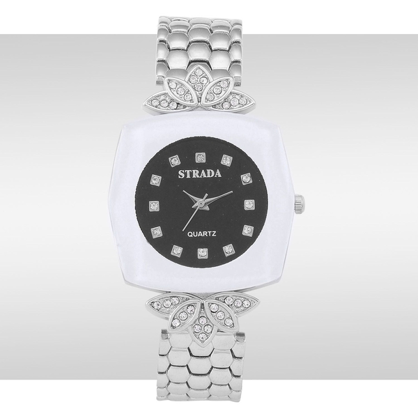 STRADA Japanese Movement White Austrian Crystal Studded Black Dial Water Resistant Watch in Silver Tone with Stainless Steel Back and Chain Strap