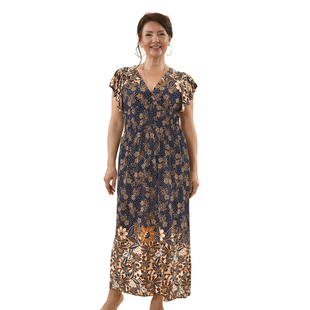 Tamsy Floral Pattern Smocked Waist Maxi with Flutter Sleeves - Navy & Red