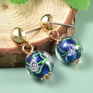 Blue Colour Murano Beads Stud Earrings (with Push Back) in Yellow Gold Tone