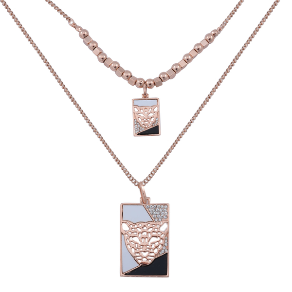 White Austrian Crystal and Simulated White Stone Leopard Face Necklace (Size 32) in Rose Gold Tone