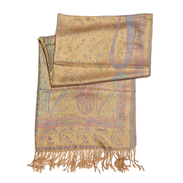 SILK MARK - 100% Superfine Silk Multi Colour Paisley and Leaves Pattern Honey Colour Jacquard Jamawar Scarf with Fringes (Size 180x70 Cm) (Weight 125-140 Grams)