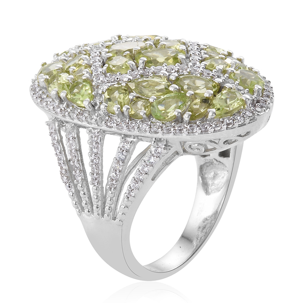 Hebei Peridot (Rnd), Natural Natural Cambodian Zircon Cluster Ring in Platinum Overlay Sterling Silver 8.750 Ct. Silver wt 10.05 Gms.