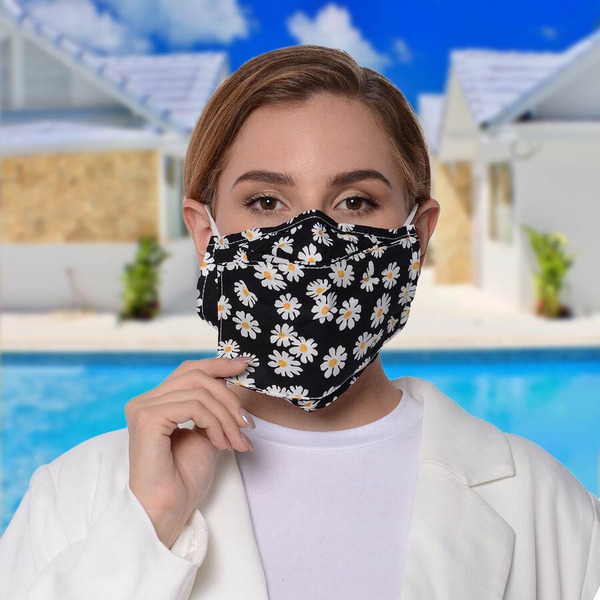 Daisy Pattern Double Layer Open Mouth Reusable Face Covering with Adjustable Ear Loop (Size 22x18 Cm) - Black & White