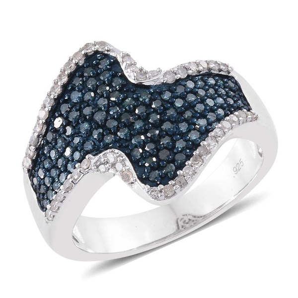 1 Ct Designer Inspired Blue and White Diamond Cluster Ring in Platinum Plated Silver 6.5 Grams