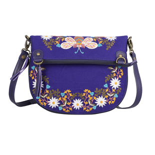 Leather and Canvas Floral Embroidered Crossbody Bag (Size 27x1.25x11.5cm) with Adjustable Shoulder Strap - Navy