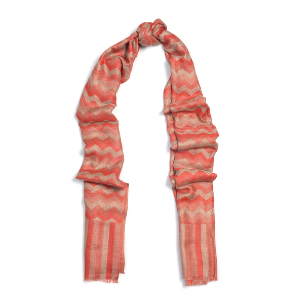 100% Cashmere Wool Coral and Off White Colour Chevron Pattern Scarf (Size 180X70 Cm)