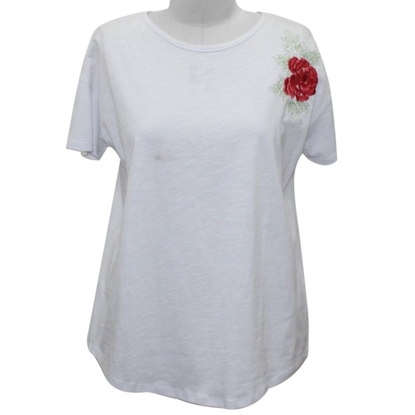 SUGARCRISP 100% Cotton Short Sleeved TShirt with Flower Detail - Optic White