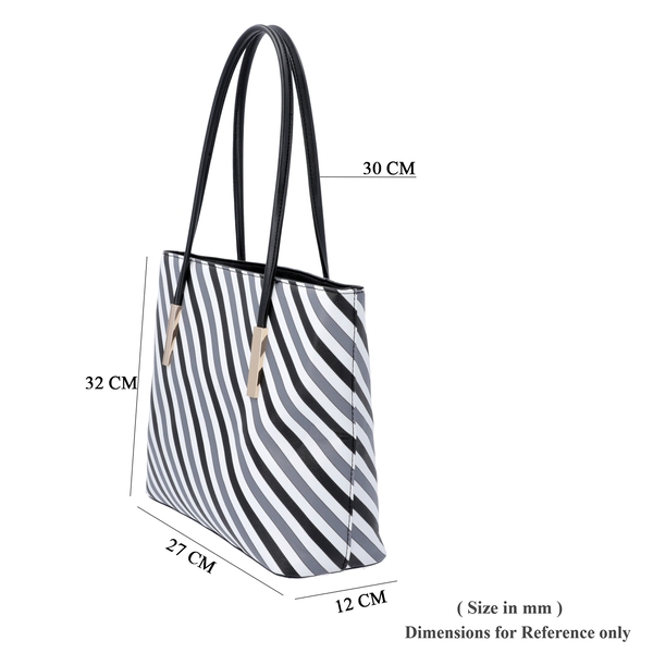 Diagonal Stripe Pattern Tote Bag with Zipper Closure and External Pocket (Size 32x11x26 Cm) - Grey, White and Black