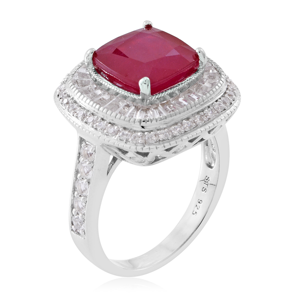 African Ruby (Cush 6.00 Ct), White Topaz Ring in Rhodium Plated Sterling Silver 9.500 Ct. Silver wt 7.00 Gms.