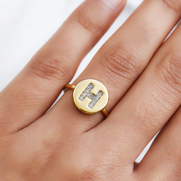 White Diamond Initial-H Ring in 14K Gold Overlay Sterling Silver