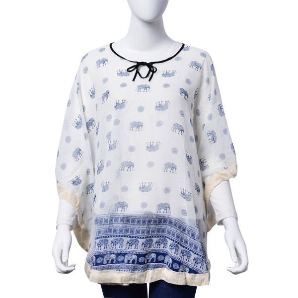Floral and Elephant Pattern White and Blue Colour Poncho (Free Size)