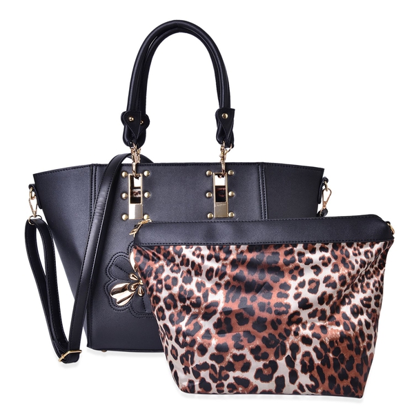 Set of 2 - Black Colour Floral Design Handbag (Size 46X30X30X11 Cm) and Chocolate and Black Colour L