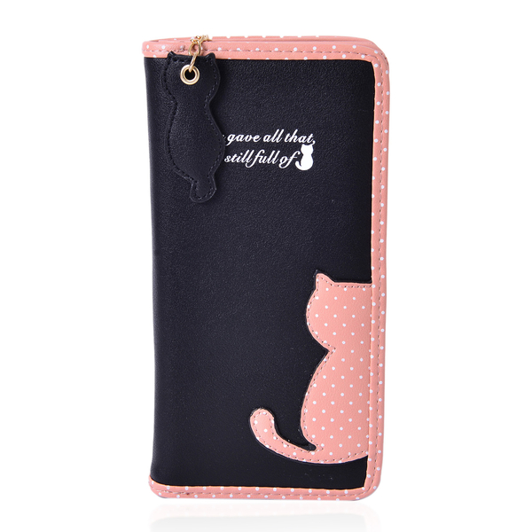 Black & Pink Colour Cat Charm Wallet (Size 19x9x3 Cm)